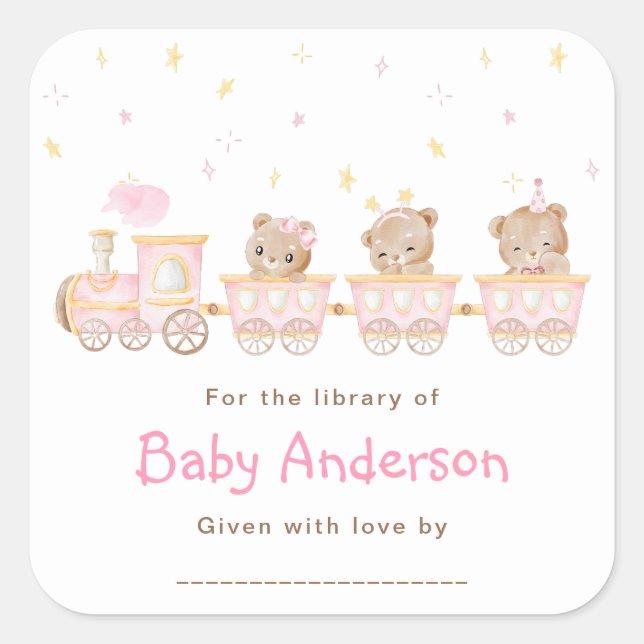 Bear Pink Train Baby Dusche Buchzeichen Quadratischer Aufkleber (Vorderseite)