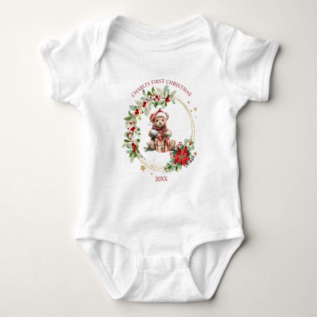 Bear Poinsettia Foliage Baby's First Christmas Baby Strampler (Vorderseite)