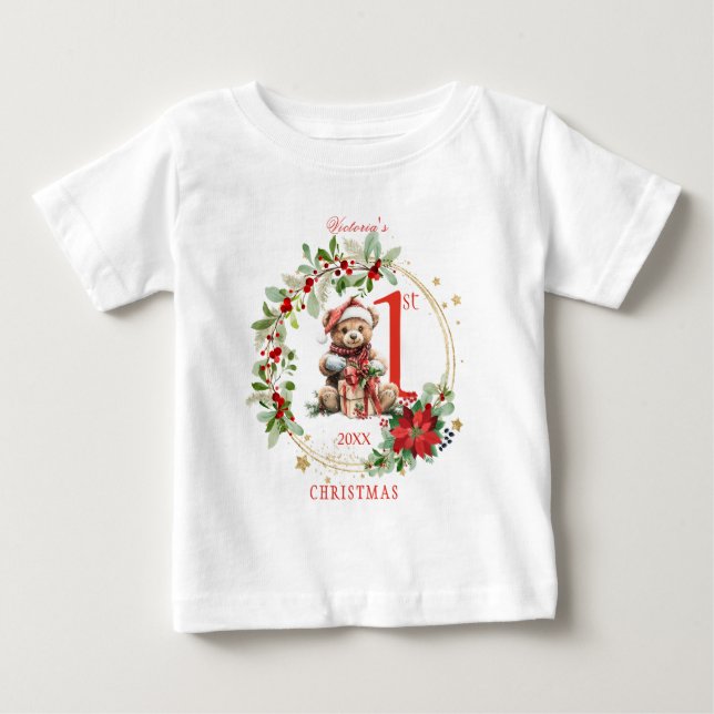 Bear Poinsettia Foliage Baby's First Christmas Baby T-shirt (Vorderseite)