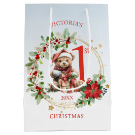 Bear Poinsettia Foliage Baby's First Christmas Mittlere Geschenktüte
