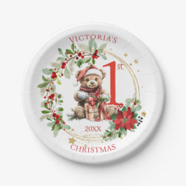 Bear Poinsettia Foliage Baby's First Christmas Pappteller
