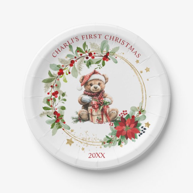 Bear Poinsettia Foliage Baby's First Christmas Pappteller (Vorderseite)