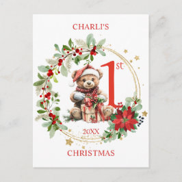 Bear Poinsettia Foliage Baby's First Christmas Postkarte