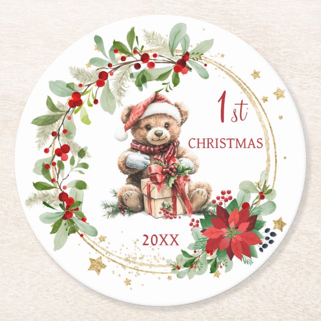 Bear Poinsettia Foliage Baby's First Christmas Runder Pappuntersetzer (Vorderseite)