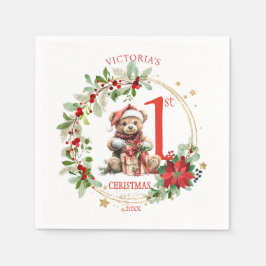 Bear Poinsettia Foliage Baby's First Christmas Serviette