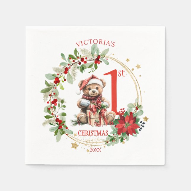 Bear Poinsettia Foliage Baby's First Christmas Serviette (Vorderseite)