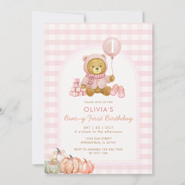 Bear Pumpkin Soft Pink Beary Erster Geburtstag Einladung (Vorderseite)