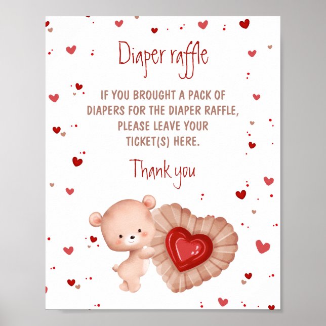 Bear Red Heart Baby Dusche Windeln Raffle Schild (Vorne)