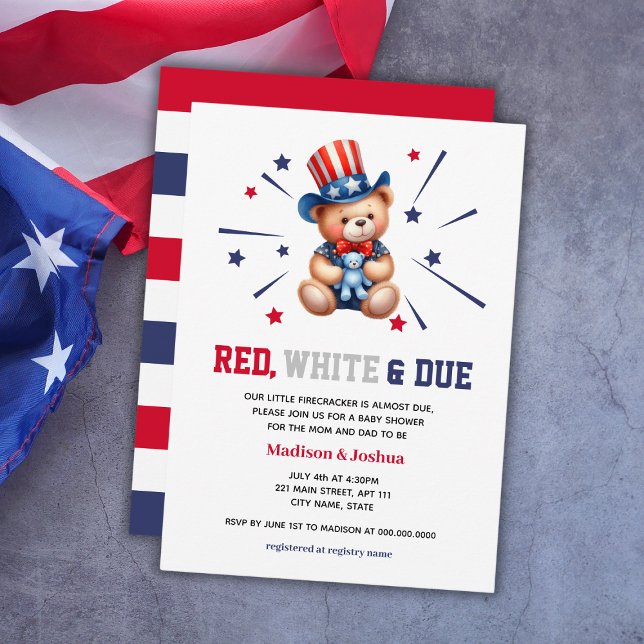 Bear Red White Due Boy Baby Dusche 4. Juli Einladung (Bear Red White Due Boy Baby Shower 4th Of July Invitation
)