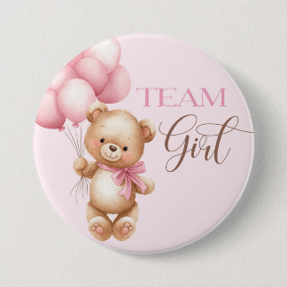 Bear round pin for gender reveal team girl. button