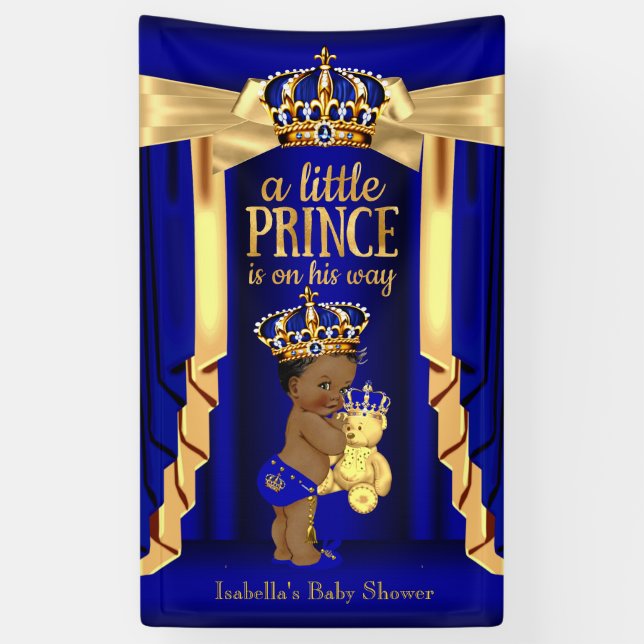 Bear Royal Blue Silk Gold Crown Baby Shower Ethnic Banner (Vertikal)