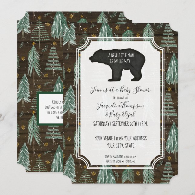 Bear Rustic Wood Woodland Forest Baby Boy Dusche Einladung (Vorne/Hinten)