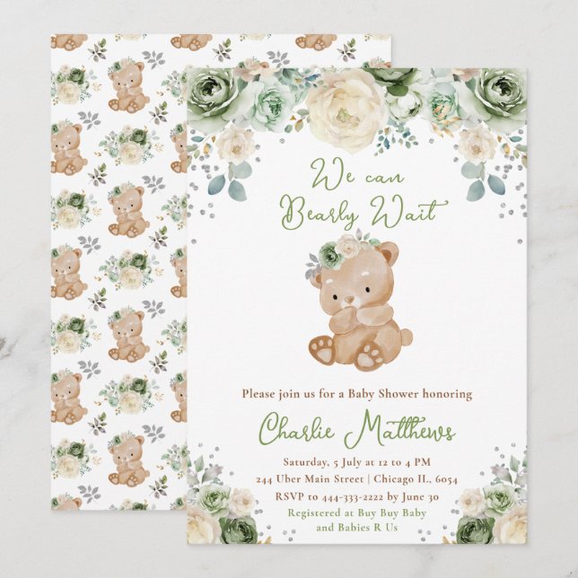 Bear Sage Green und Ivory Blume Babydusche Einladung (Vorne/Hinten)