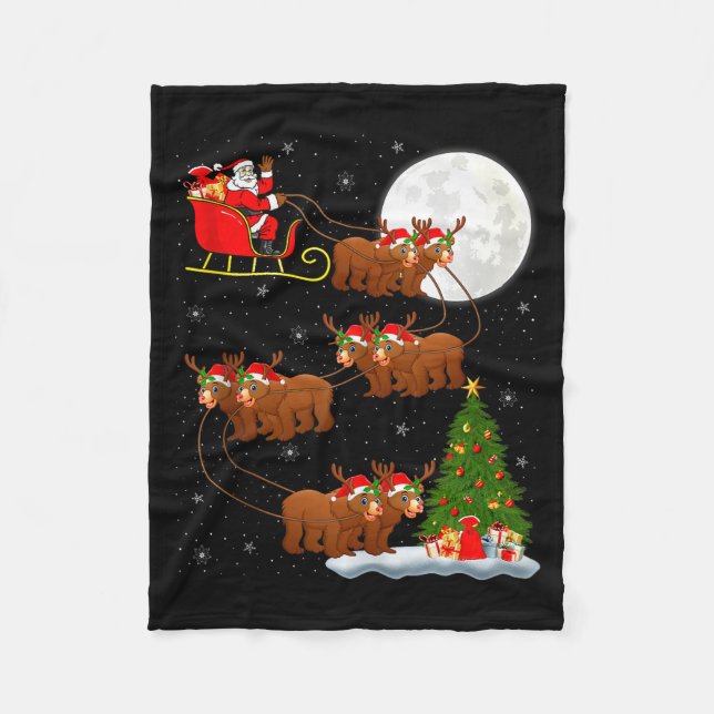 Bear Santa Sleigh Flying Funny Magical Christmas T Fleecedecke (Vorderseite)