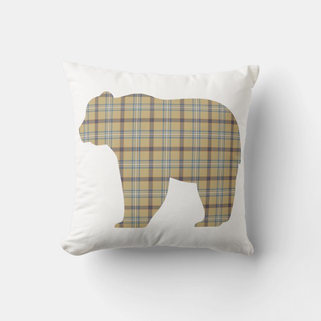 Bear Shape Plaid Tan Blue Cabin Core Kissen (Vorderseite)