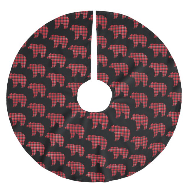 Bear Shaped Plaid Red Black Buffalo Polyester Weihnachtsbaumdecke (Vorderseite)