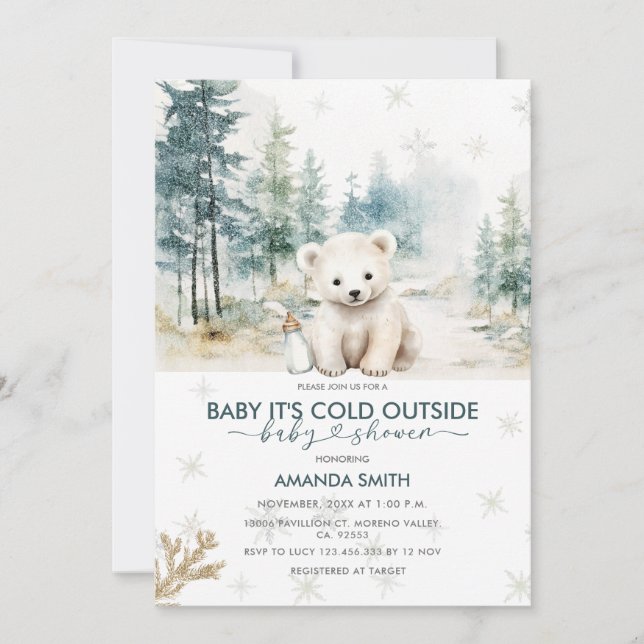Bear Snowflakes Cold Outside Baby Dusche Einladung (Vorderseite)