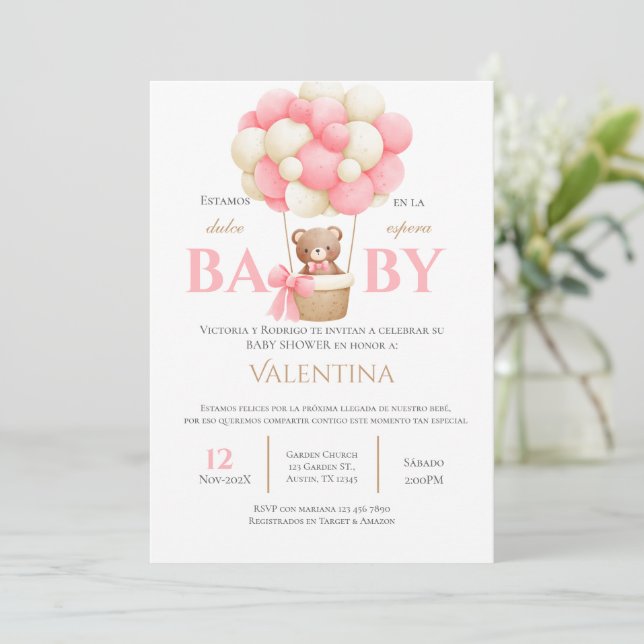 Bear Spanish Baby Shower Girl Einladung (Stehend Vorderseite)