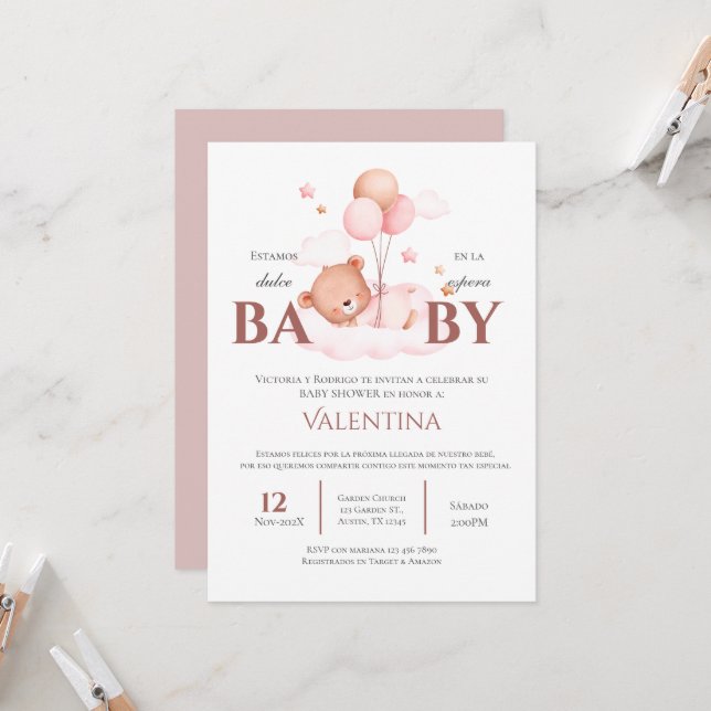 Bear Spanish Baby Shower Girl Einladung (Vorderseite/Rückseite Beispiel)