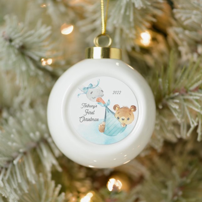 Bear Special Delivery Baby's First Christmas Keramik Kugel-Ornament (Baum)