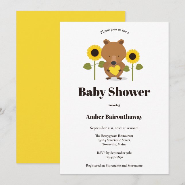 Bear Sunflowers Kinderdusche Einladung (Vorne/Hinten)