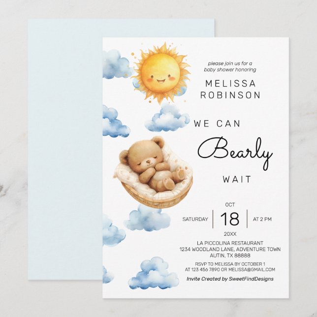 Bear Sunshine Baby Boy Dusche Einladung (Vorne/Hinten)