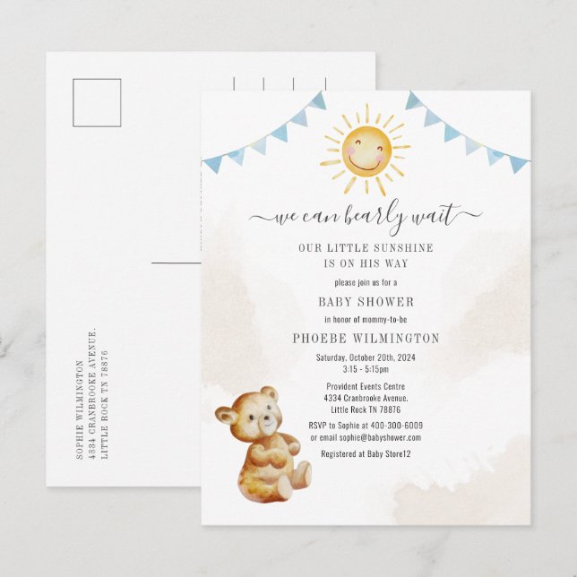 Bear Sunshine Watercolor Boy Baby Dusche Einladungspostkarte (Vorne/Hinten)