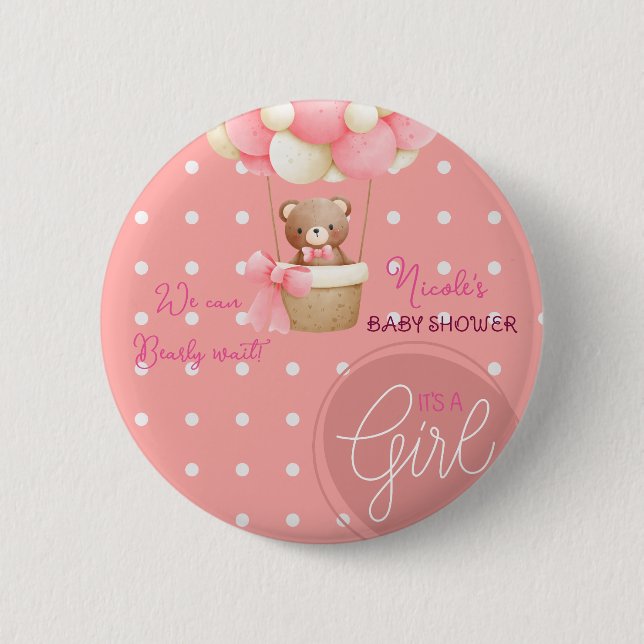 Bear Theme Pink Peach Heißluftballon Babydusche Button (Vorderseite)
