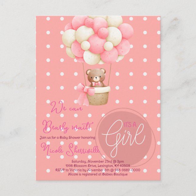 Bear Theme Pink Peach Heißluftballon Babydusche Postkarte (Vorderseite)