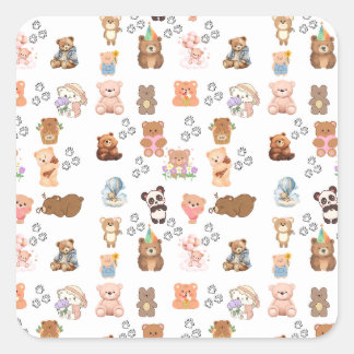 Bear-Themed Pattern Square Sticker | Fu