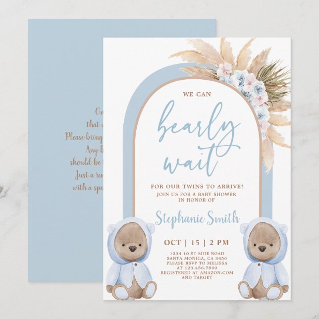Bear Twin Boys Baby Shower Einladung (Vorne/Hinten)