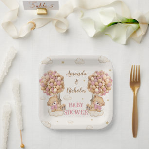 Bear Twin Girls Dusche Niedlich Pink Pappteller