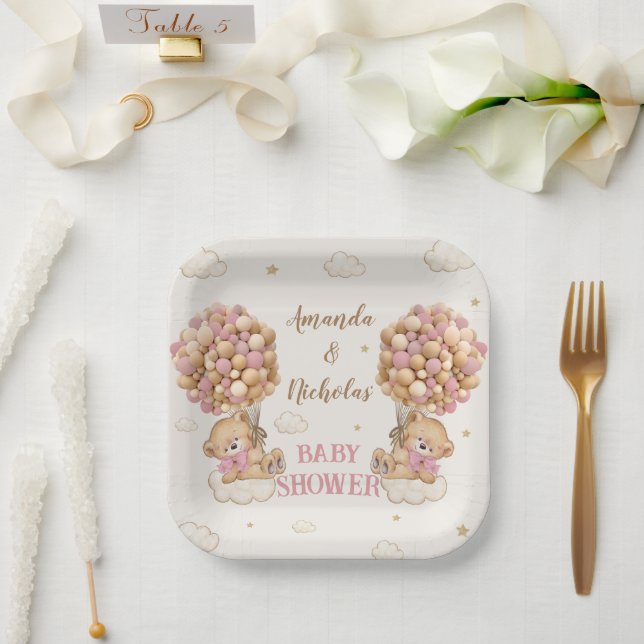 Bear Twin Girls Dusche Niedlich Pink Pappteller (Hochzeit)