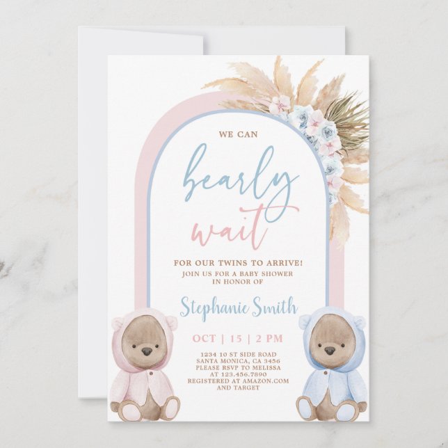 Bear Twins Boy and Girl Baby Shower Einladung (Vorderseite)
