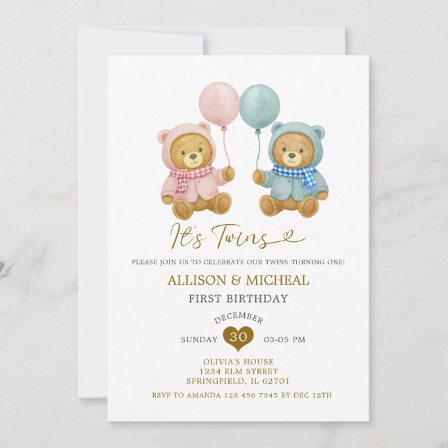 Bear Twins Boy Girl Birthday Party Invitation (Devant)