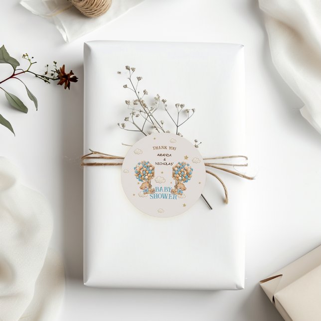 Bear Twins Boy Shower Blue Boho Runder Aufkleber (Von Creator hochgeladen)