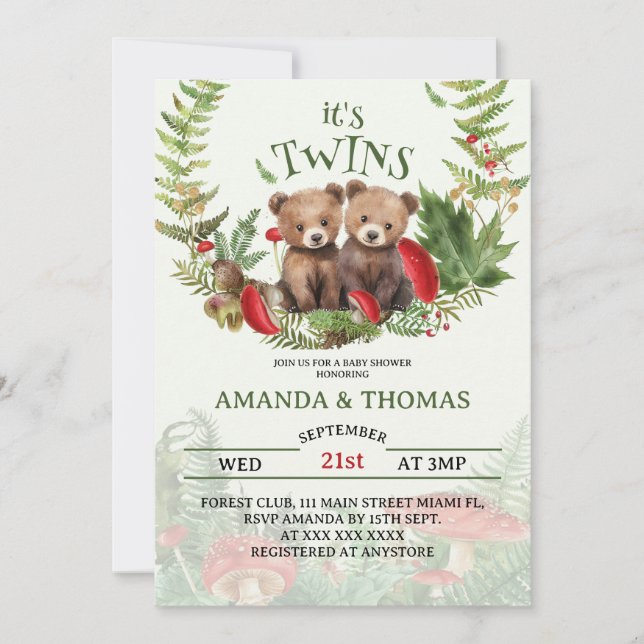 Bear Twins Woodland Themed Baby Dusche Einladung (Vorderseite)