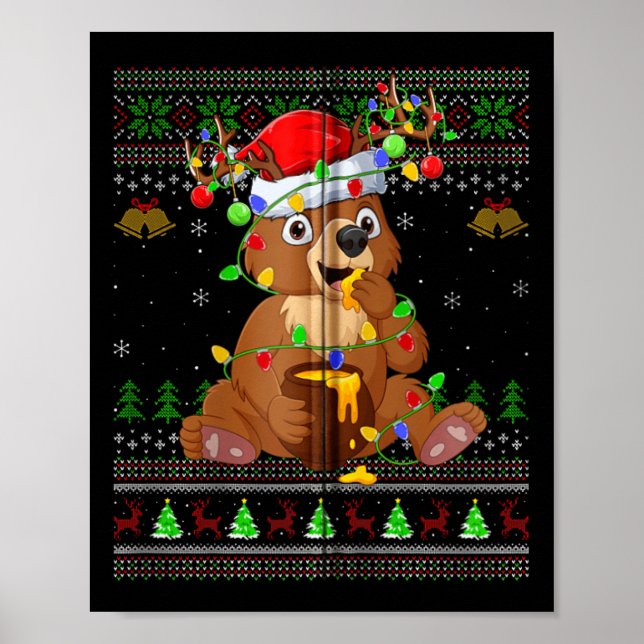Bear Ugly Sweater Xmas Lights Weihnachtsmannmütze  Poster (Vorne)
