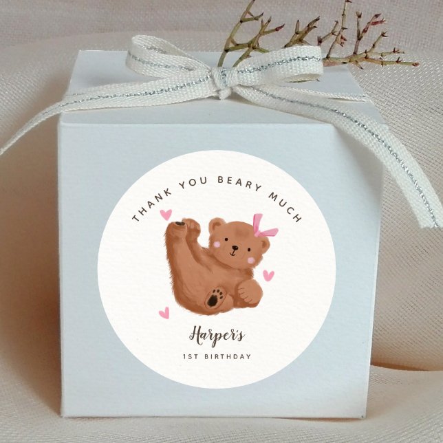 Bear Vielen Dank Beary Much Girl Birthday Party Runder Aufkleber (Von Creator hochgeladen)