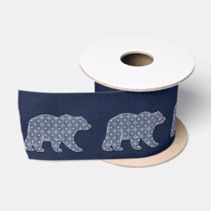 Bear Walking Navy Blue Circle Muster Wildlife Satinband