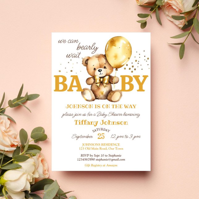 Bear warte teddy Bär goldbraune Babydusche Einladung (Bearly wait teddy bear baby shower template invitation digital download gold brown balloons teddy )