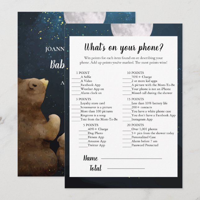 Bear, was auf deinem Handy steht Baby Shower Game Einladung (Vorne/Hinten)