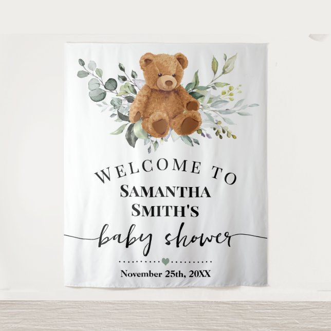 Bear Welcome Baby Dusche Eukalyptus Grüne Wandteppich (Vorderseite)