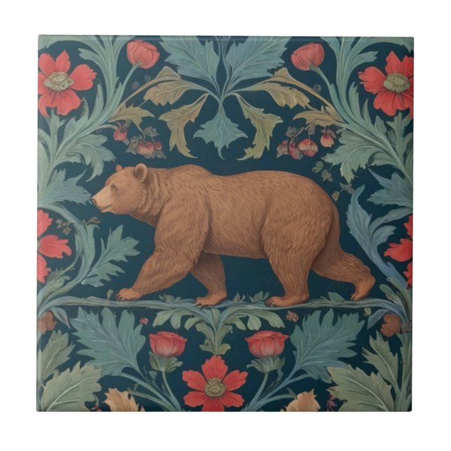 Bear William Morris Stil Links Facing Red Floral Fliese (Vorderseite)