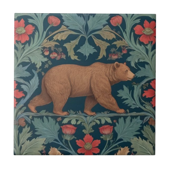 Bear William Morris Stil Rechts gegenüber Red Flor Fliese (Vorderseite)