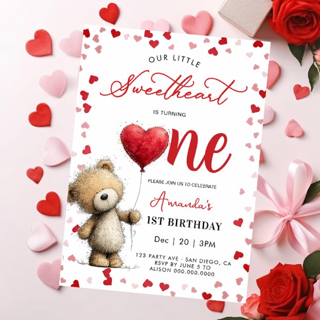 Bear with balloon Valentines 1st girl Birthday Einladung (Von Creator hochgeladen)
