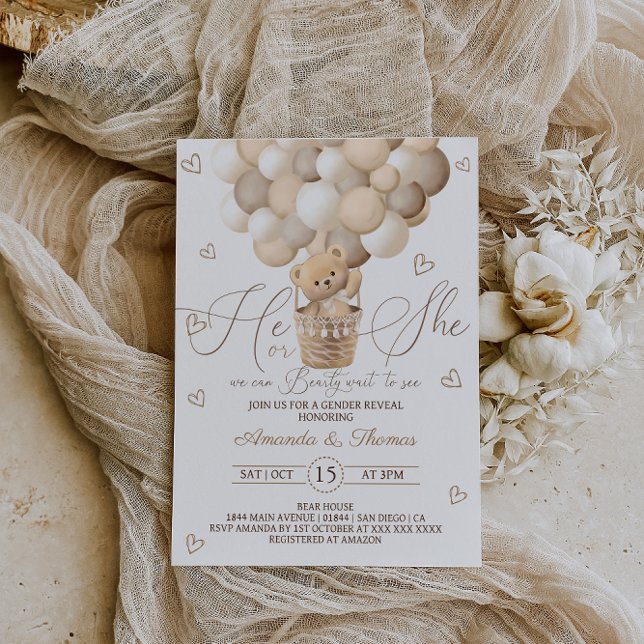 Bear with Balloons & Hearts Gender Reveal Einladung (Von Creator hochgeladen)
