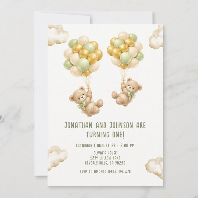 Bear With Balloons Twins First Birthday Invitation (Devant)