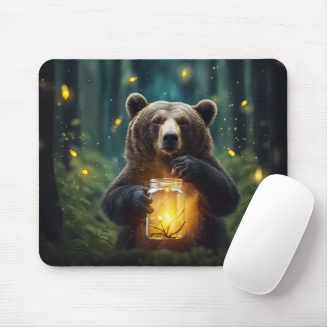 Bear With Fireflies In Jar Mousepad (Mit Mouse)