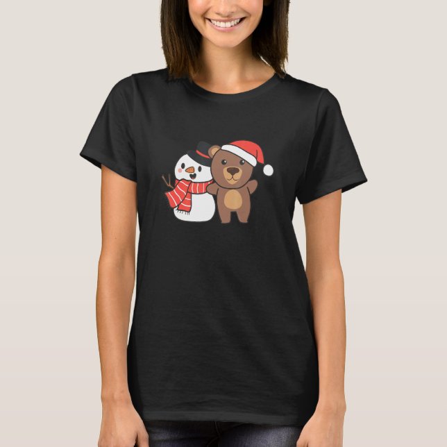 Bear With Snowman In Winter For Christmas T-Shirt (Vorderseite)